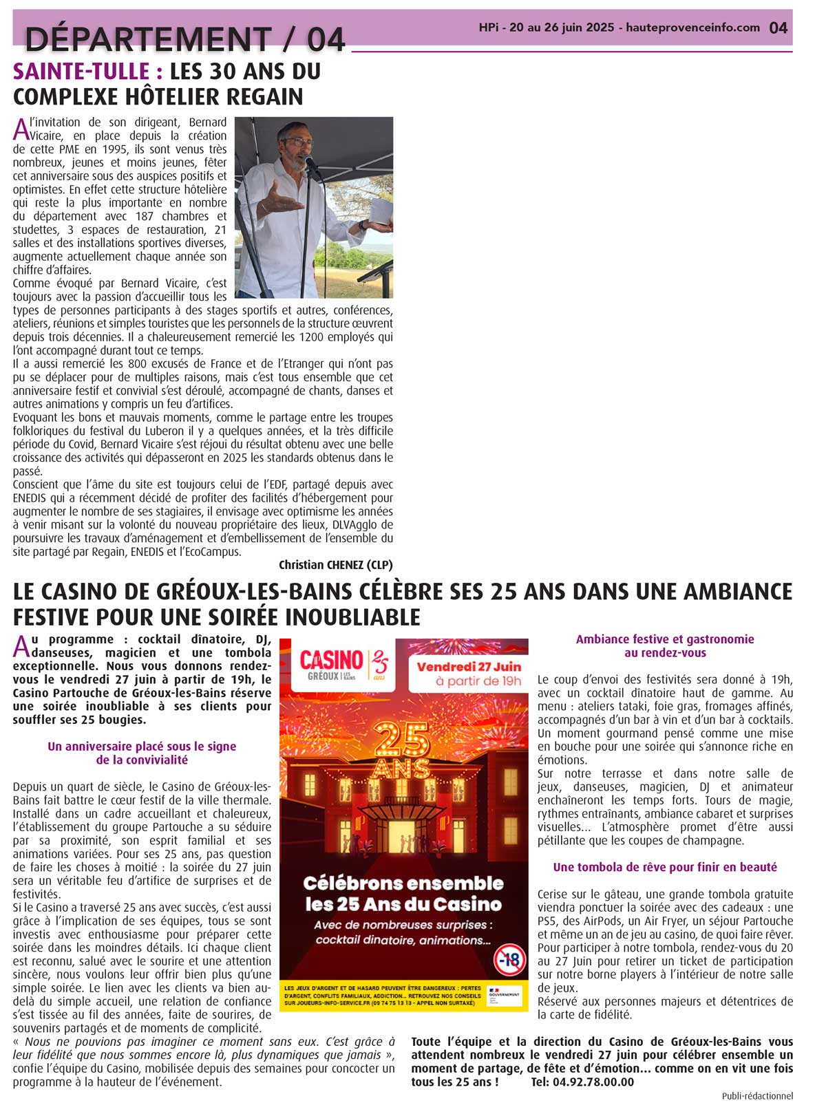Article HPI, Anniversaire Centre Regain : 30 ans